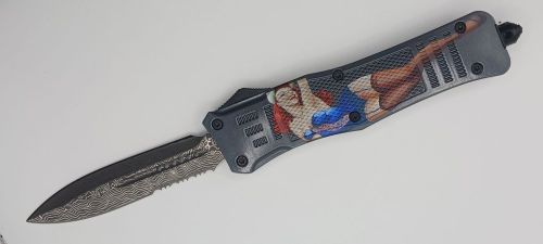 Delta Force Pin Up Girl D/A OTF Automatic Knife Damascus Dagger Serrated