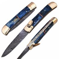 Damascus Lever Lock Galaxy Blue Automatic Knife