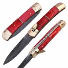 9" Lever Lock Filework Red Automatic Knife Damascus Dagger