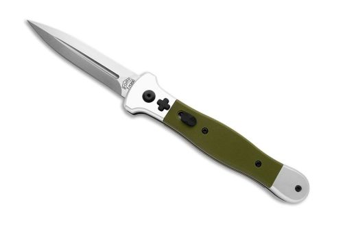 Fort Knife Works Green G10 Cross Side Opener Automatic Knife Satin Dagger (8.5" Overall)
