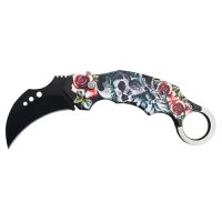 7" Open Skull and Roses SwitchBlade Karambit Knife Finger Ring