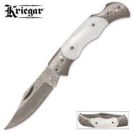 Kriegar Damascus Blade Pearl Folding Pocket Knife