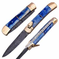 Lever Lock Ocean Blue Filework Automatic Knife Damascus Dagger