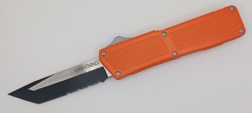 Lightning Supreme Neon Orange D/A OTF Automatic Knife Tanto Two Tone Black Serrated