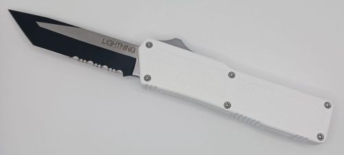 Lightning Supreme White D/A OTF Automatic Knife Tanto Point Two Tone Serrated