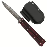 Micarta Red Damascus Steel Drop Point Heavy Duty Butterfly Knife
