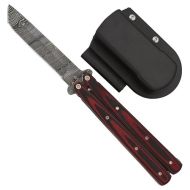 Micarta Red Wood Heavy Duty Butterfly Knife Tanto Point Damascus Plain