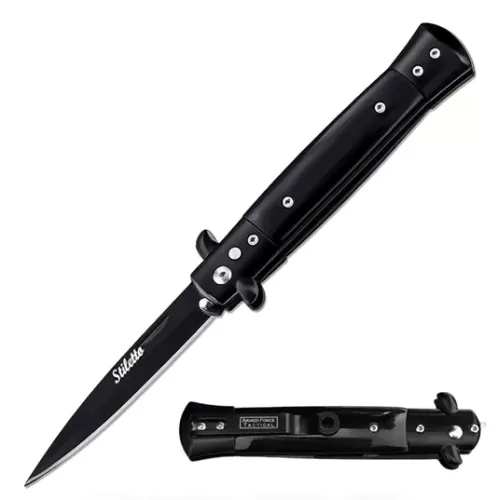 Milano 9" Stiletto Black Button Release Automatic Knife Black Bayonet