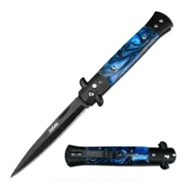 Milano 9" Stiletto Blue Pearl Button Release Automatic Knife Black Bayonet