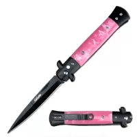 Milano 9" Stiletto Pink Pearl Button Release Automatic Knife Black Bayonet