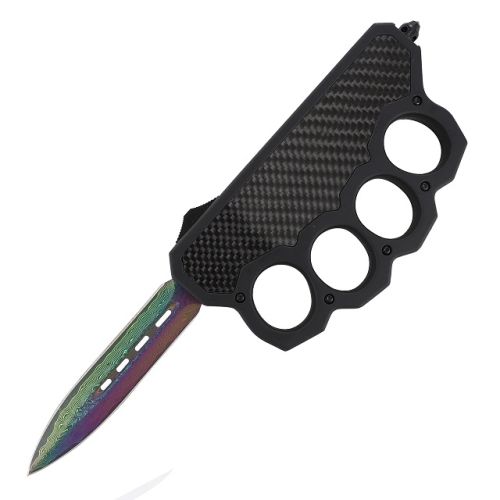 OTF Damascus Carbon Fiber Knuckles Automatic Knife Rainbow Dagger