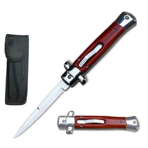 Old School 9" Dark Wood Stiletto D/A OTF Automatic Knife Satin Bayo