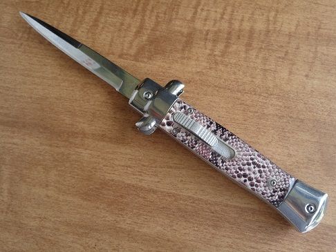 Old School 9" Snake Skin Stiletto D/A OTF Automatic Knife Satin Bayo