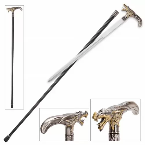 Roaring Silver with Gold Dragon Sword Cane