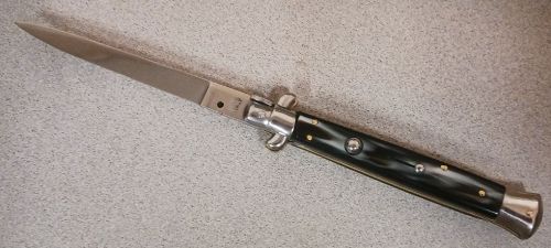 SKM 11" Imitation Horn Automatic Stiletto Knife Flat Grind