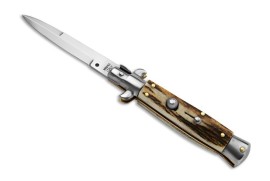 SKM Stag Horn Picklock 7" Italian Stiletto Automatic Knife Satin Bayonet