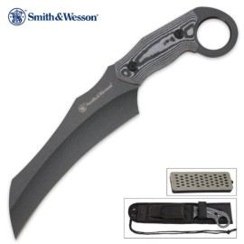 Smith And Wesson Micarta Large Recurve Fixed Blade Knife With Sharpener