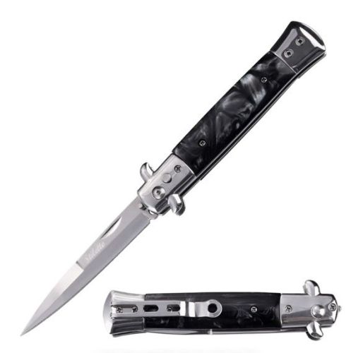 9" Open Classic Stiletto Automatic Knife Black Pearl Handle
