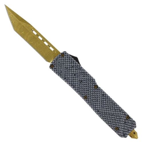 Tarantula Carbon Fiber D/A OTF Automatic Knife Etched Gold Tanto Blade