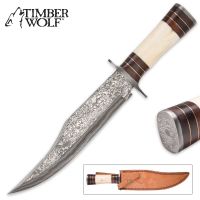 Timber Wolf Damascus Bowie Knife Camel Bone Walnut