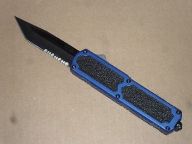 Titan Blue D/A OTF Automatic Knife Black Tanto Serrated